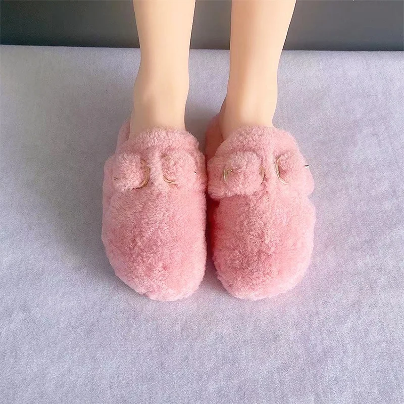 2021 Ladies New High Quality 100% Wool Slippers Fur Flat Shoes Household  Fur Slippers Wool Fur Ladies Flat Shoes