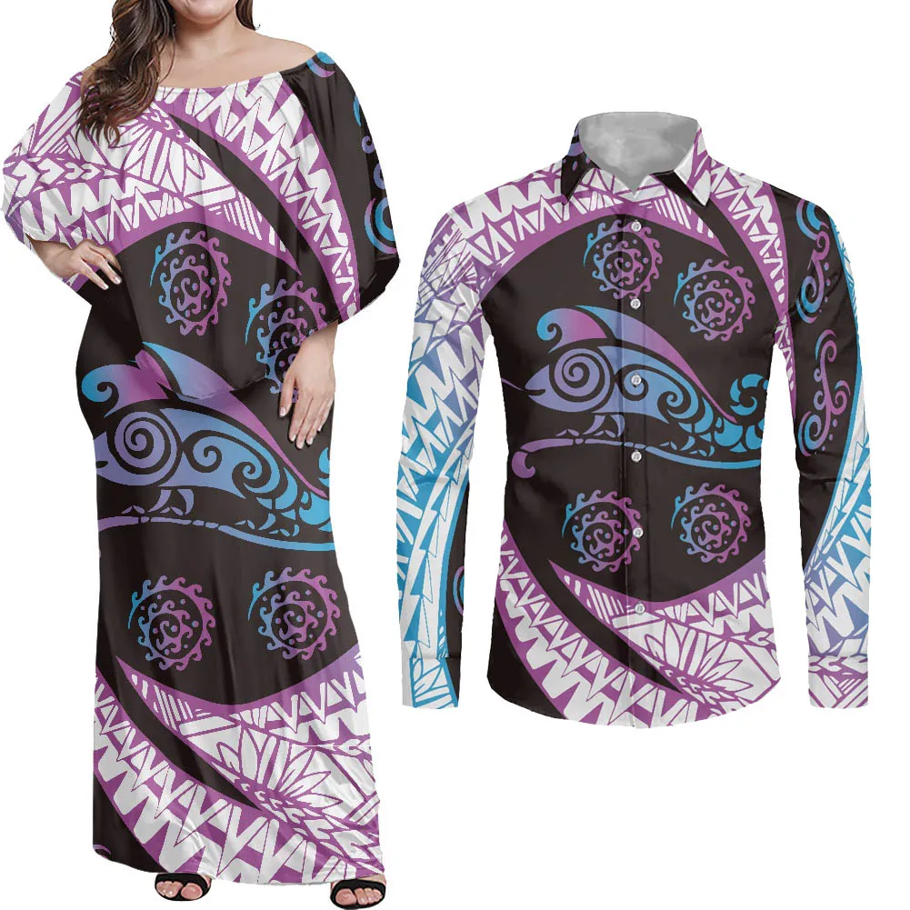 

Hycool Wholesale Items For Business Polynesian Tribal Shark Tattoos Print Couple Dress Suits Samoan Designer Clothes Long Dress