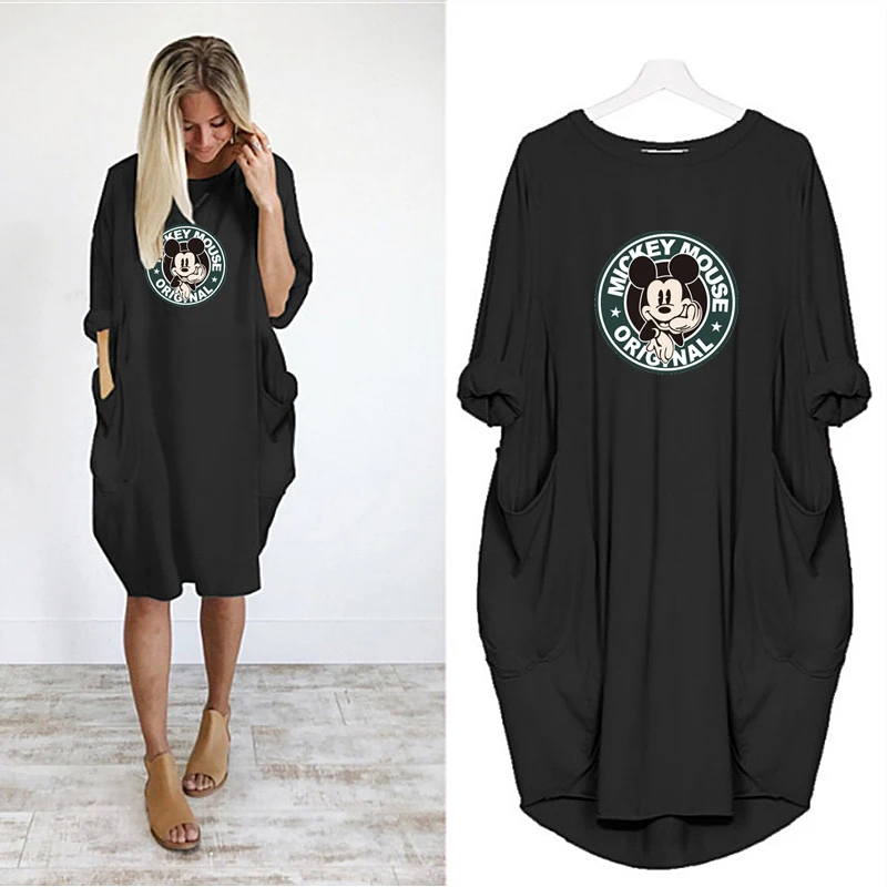 

Disney Midi Dresses for Women Mickey Print Pockets Autumn Vintage Casual o Neck Beach Dress Loose Robes Femme Vestidos