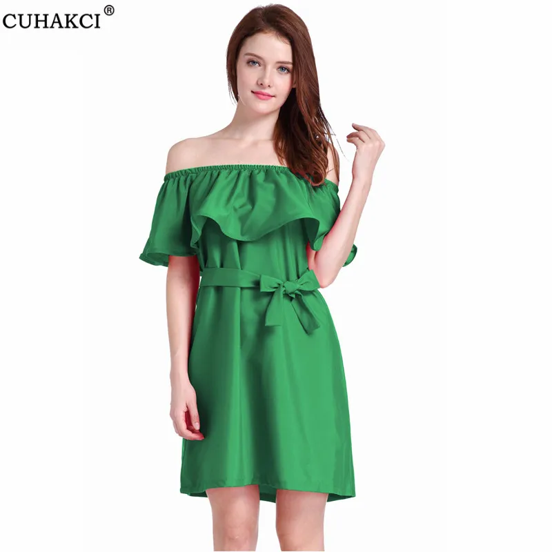 

CUHAKCI Off The Shoulder Dresses Summer Elegant Casual Mini Short Backless Slash Neck Ruffle Loose Beach