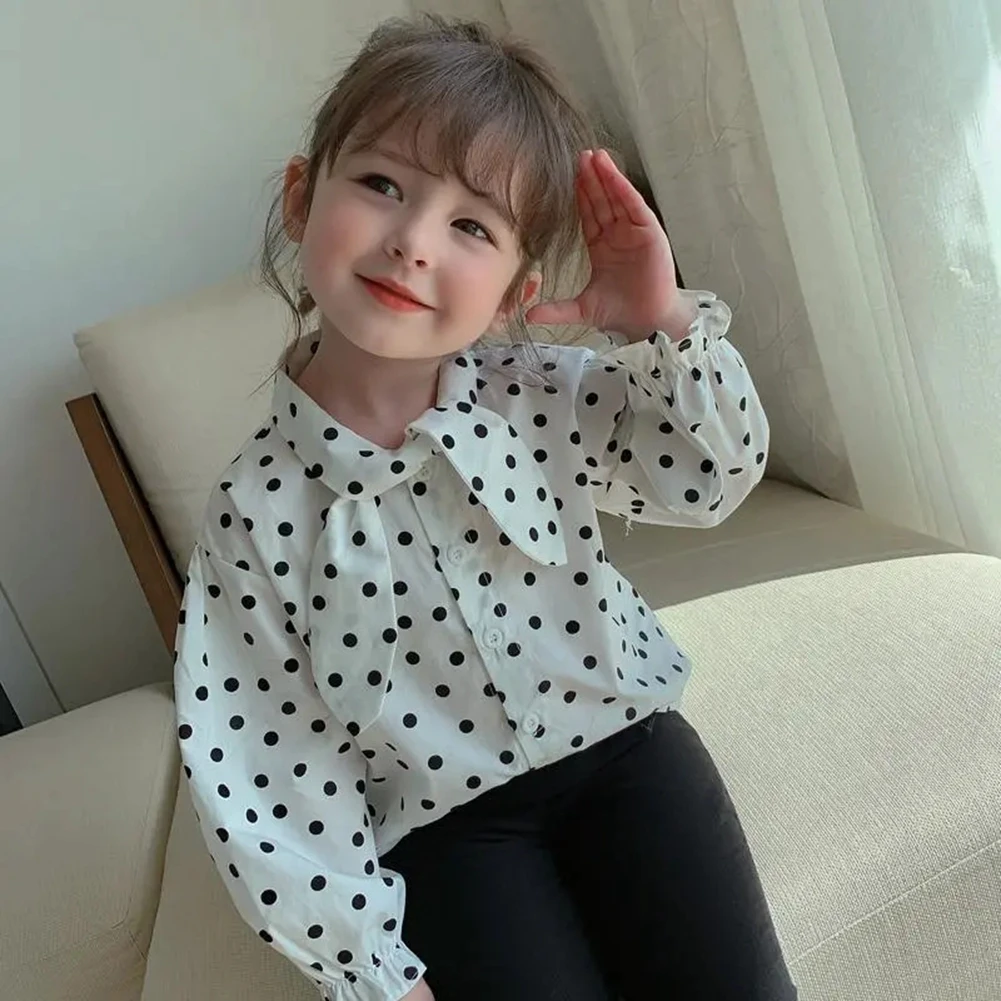 

2021 New Spring Toddler Baby Girl Long Sleeve Dot Shirt Tops Kids Bow Turn-Down Collar Blouses and Shirts for Girls Fall Clothes
