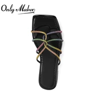 onlymaker summer womens slip on flats square toe black patent leather multicolor crystal cross band comfortable slippers