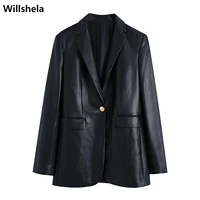 willshela women fashion faux leather blazer long sleeves casual elegant chic lady suit woman pu blazer suit veste femme
