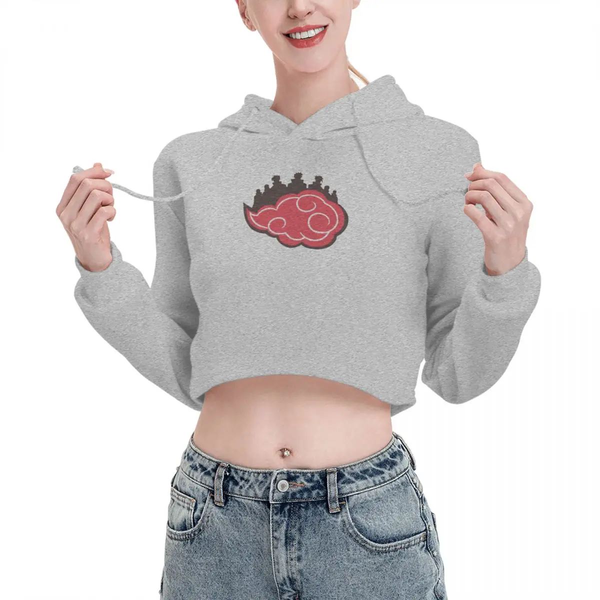 

Open navel Cat Ear Hoodie Sweater Red Cloud (akatsuki) Hooded rope Funny Kawaii Print Anime Drawing pullover