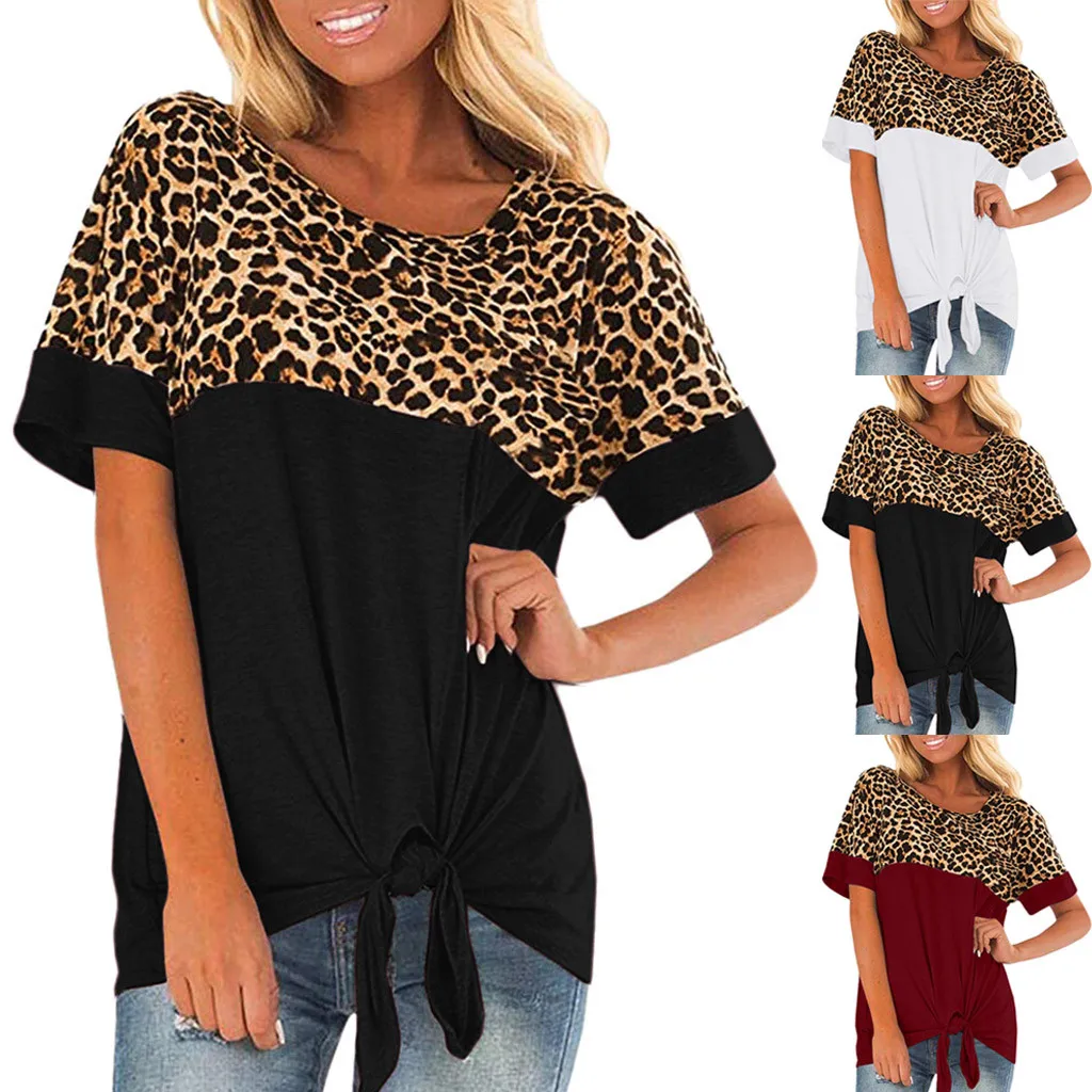 Женская футболка с леопардовым принтом коротким рукавом узлом в стиле пэчворк