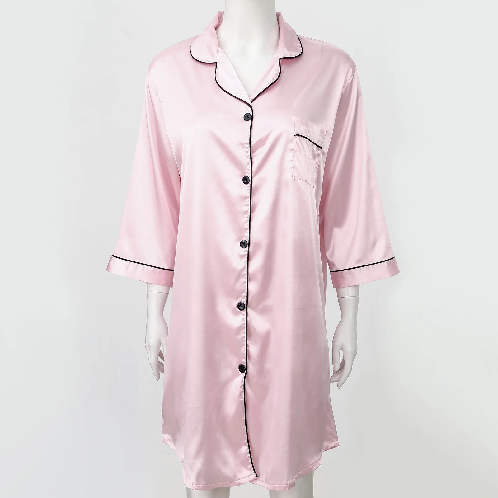 Women 3/4 Sleeve Satin Nightgown Nightshirt Sexy Button Down Turn-Down Collar Sleepshirt Nightdress