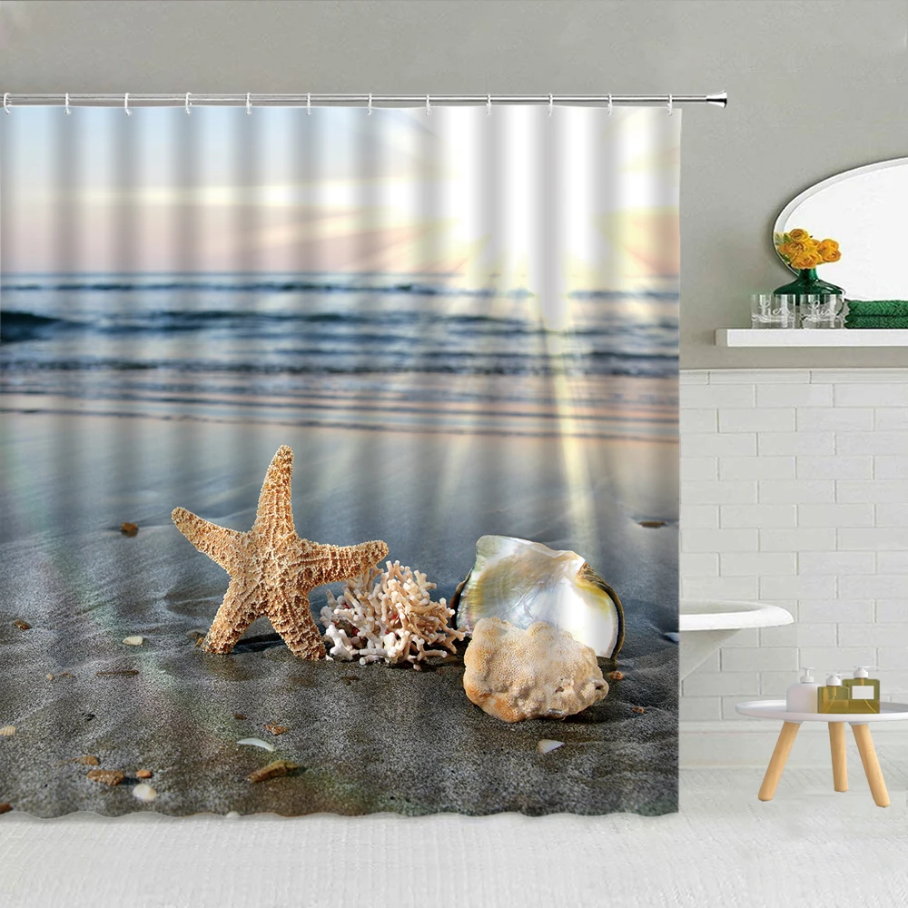 

Seascape Beach Shower Curtain Seashell Starfish Sailboat Polyester Fabric Bathroom Supplies Cloth Curtains With Hooks Home Decor