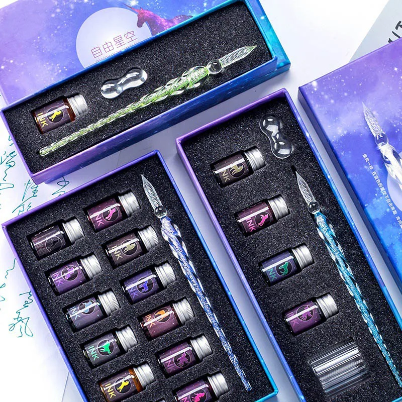 

13/7Pcs Kawaii Beautiful Pens Crystal Glass Pen Dip Pen Glitter Powder Fountain Pen 12 Colors Ink Gift Box Set Writing Supplies