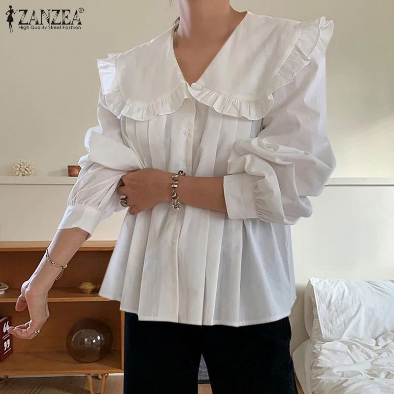 

Осень 2021, милая фотография, модные женские однотонные топы ZANZEA, элегантные топы с длинным рукавом, праздничные повседневные плиссированные ...