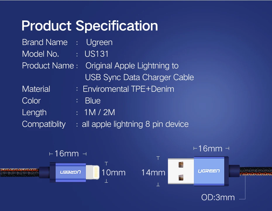 Ugreen mfi-контроллеров кабель Lightning для iPhone 7 Джинсовые Плетеный 8 Булавки USB кабель быстрая Зарядное устройство кабель для iphone 8 8 плюс 6 5 iPad кабель