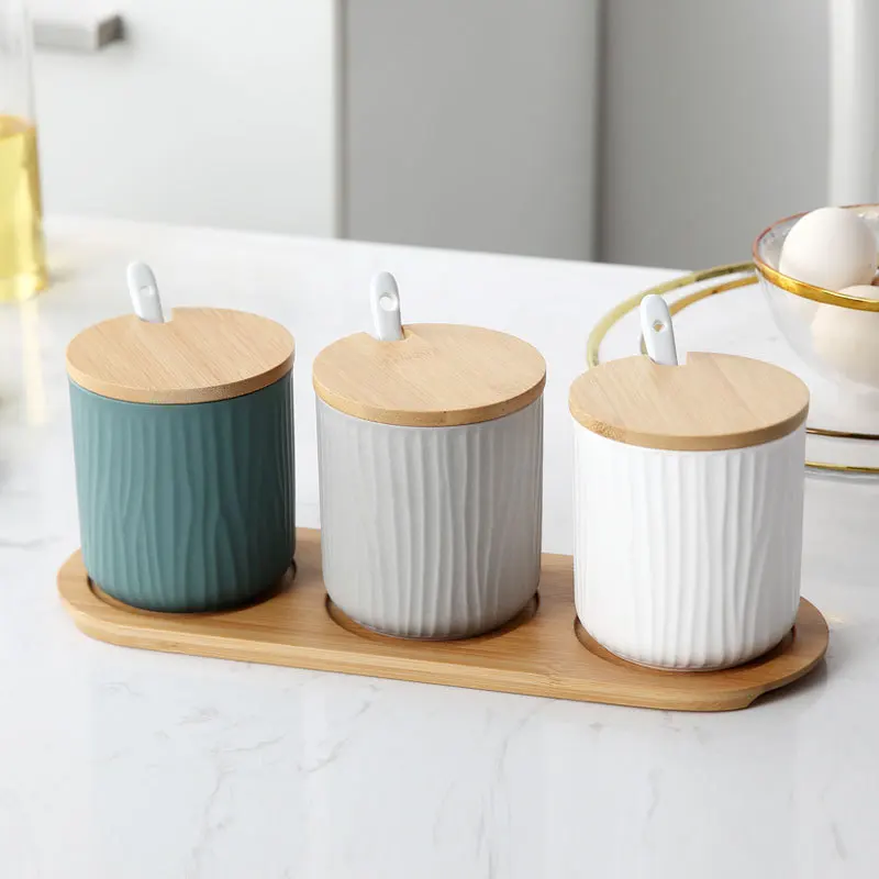 

3 in 1 Nordic Ceramic Seasoning Jar Set 300ML Seasoning Box Pepper Salt Can Condiments Container With Spoon Kitchen Storage Rack