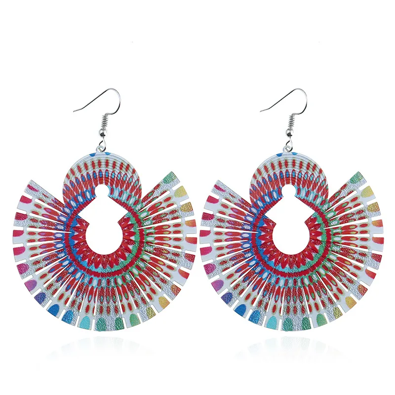 Этнические цветные круглые веерообразные серьги с рисунком зеленая обратная