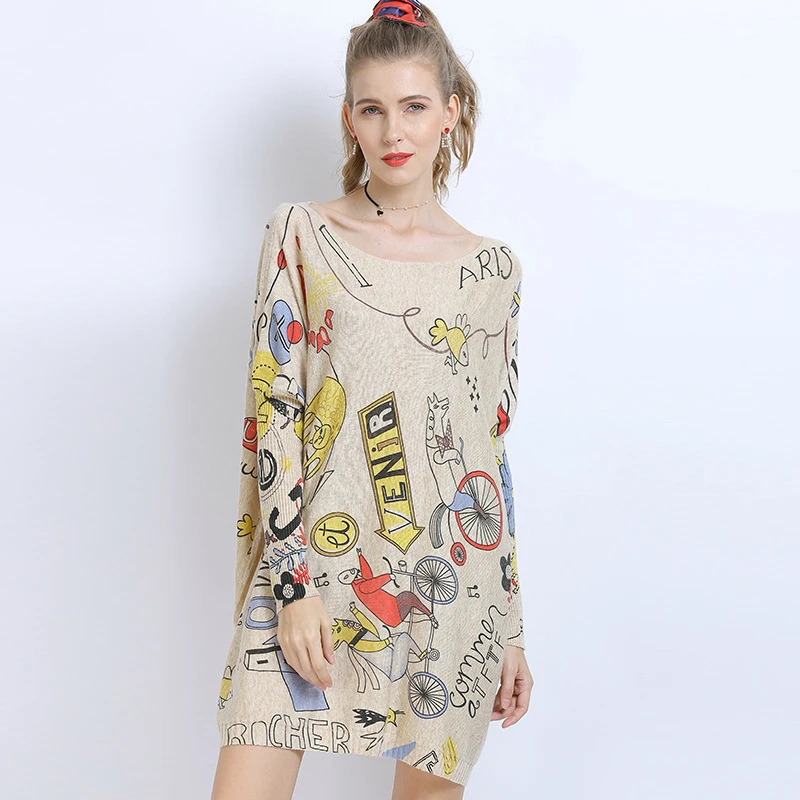 

Spring Fall Plus Size Sweater Women Tops Mid-length Loose Casual Pullover Outerwear Creative Printed Knitted Sweaters TA6362