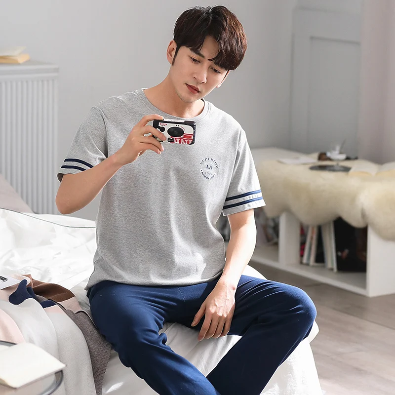 

Short Sleeve Simple Sleepwear Summer Men Pajamas Set Cotton Soft Loose O-Neck Nightwear Plus Size Casual Comfortable Loungewear