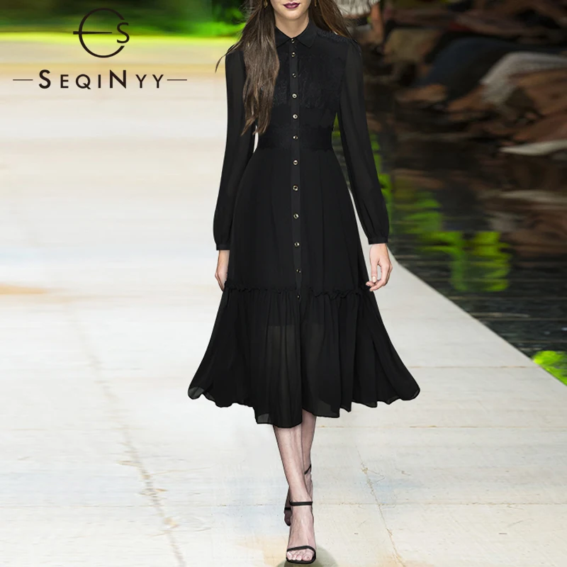 

SEQINYY Elegant Shirt Dress Spring Autumn New Fashion Design Women Runway Office Lady Lace A-Line Ruffles Midi High Quality