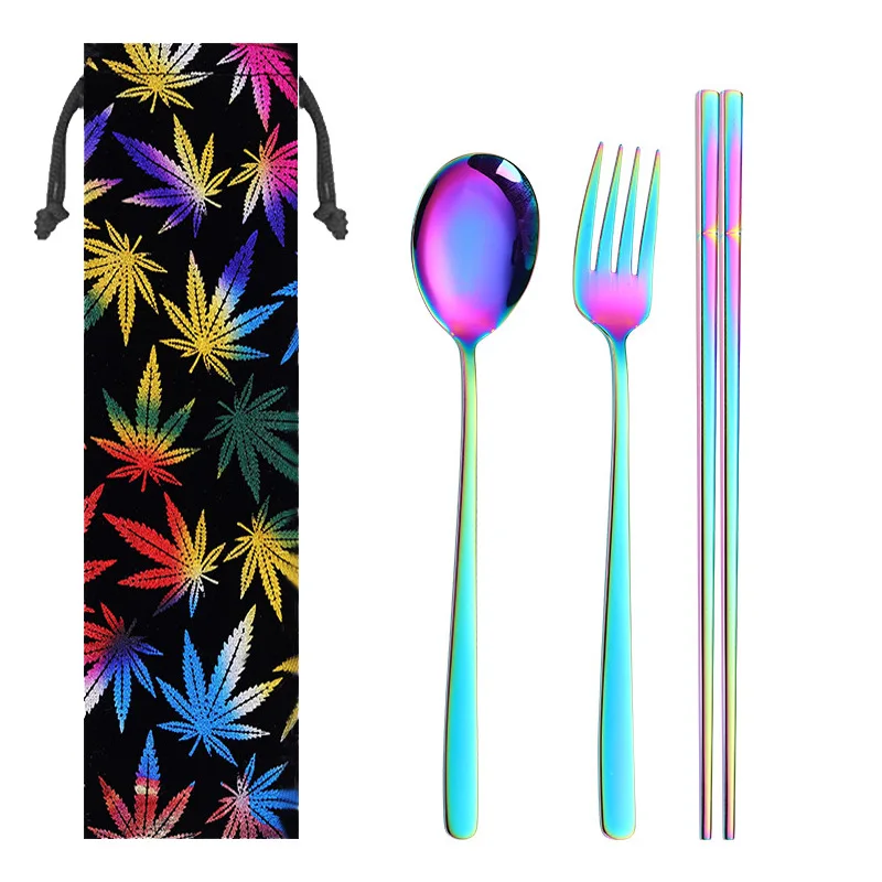 fy 3cutlery set 2019new Stainless Steel Cutlery Portable Cutlery Set Chopsticks Spoon Fork Reusable Straw and Portable Dinnerware Bag for Travel - Цвет: fy 3cutlery set