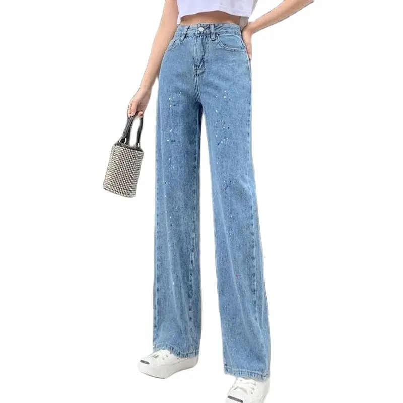 

Женские джинсы с завышенной талией, свободные брюки из денима с широкими штанинами, хлопковые брюки с рисунком, весна-осень 2021