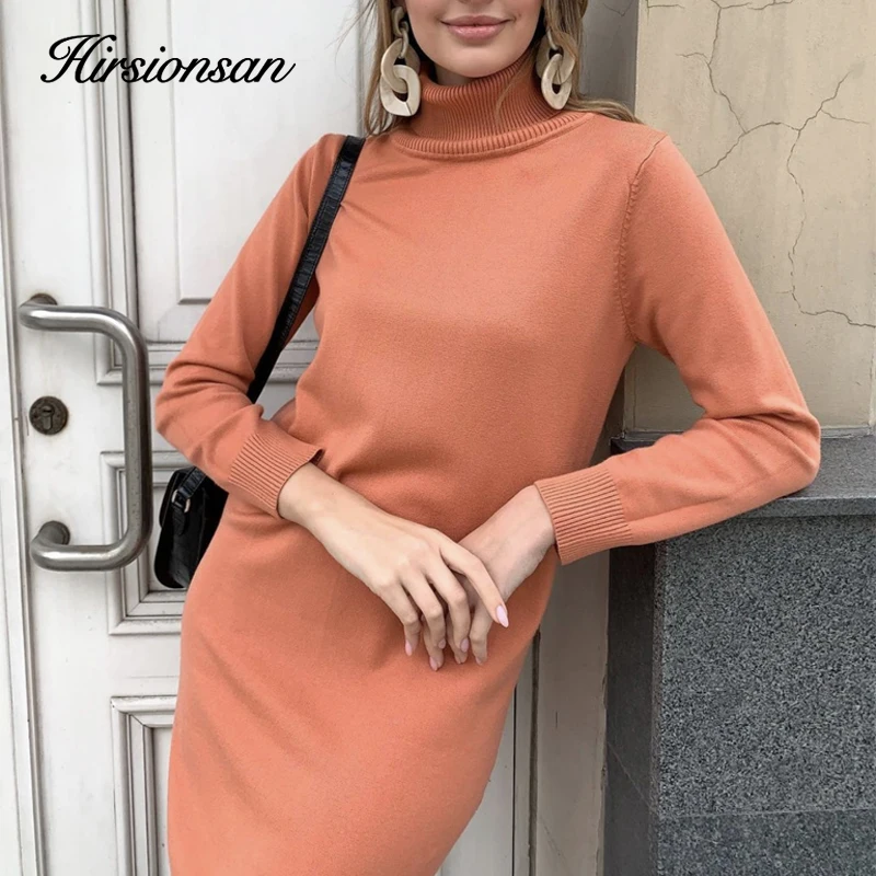 Hirsionsan Winter Warm High-Neck Elastic Knit Midi Dresses Women 2023 Fashion Elegant Chic Lady Sweater Dresses Women Robe Femme