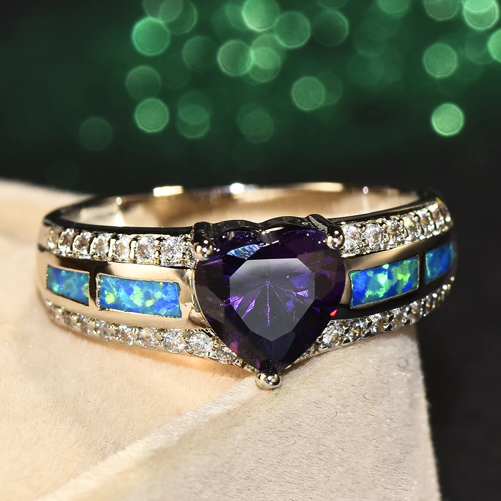

Trendy Female Purple Heart Crystal Ring Charm Silver Color Wedding Rings For Women Luxury Bride Blue Opal Engagement Ring
