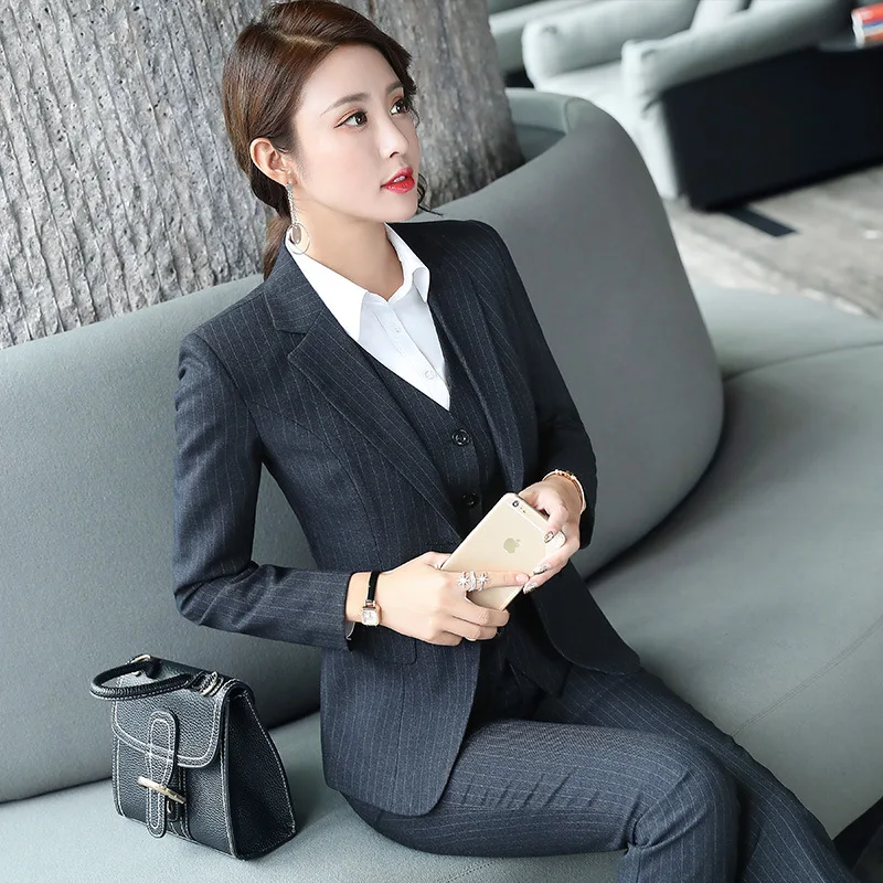

Office Three 3 Piece Blazer Sets Womens Fashion Elegant Striped Formal Outfits Suites Professional Women's Business Suits