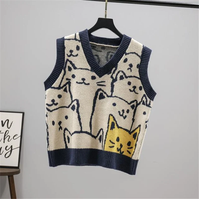 

Spring New Female Chic V-Neck Sleeveless Knitted Pullover Vests Fashion Cute Cartoon Jacquard Waistcoats Preppy Style Tops Y2K