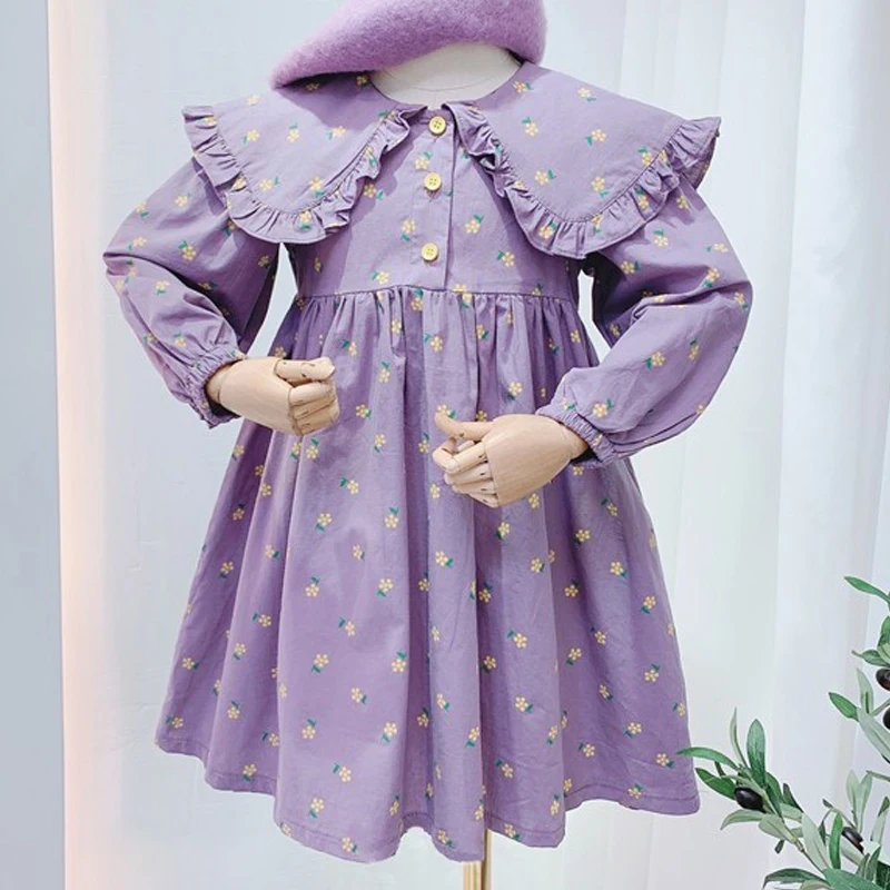 

Новинка весны 2021, платье для девочек, детская одежда с длинным рукавом, фиолетовые Повседневные детские платья принцессы с принтом, праздни...