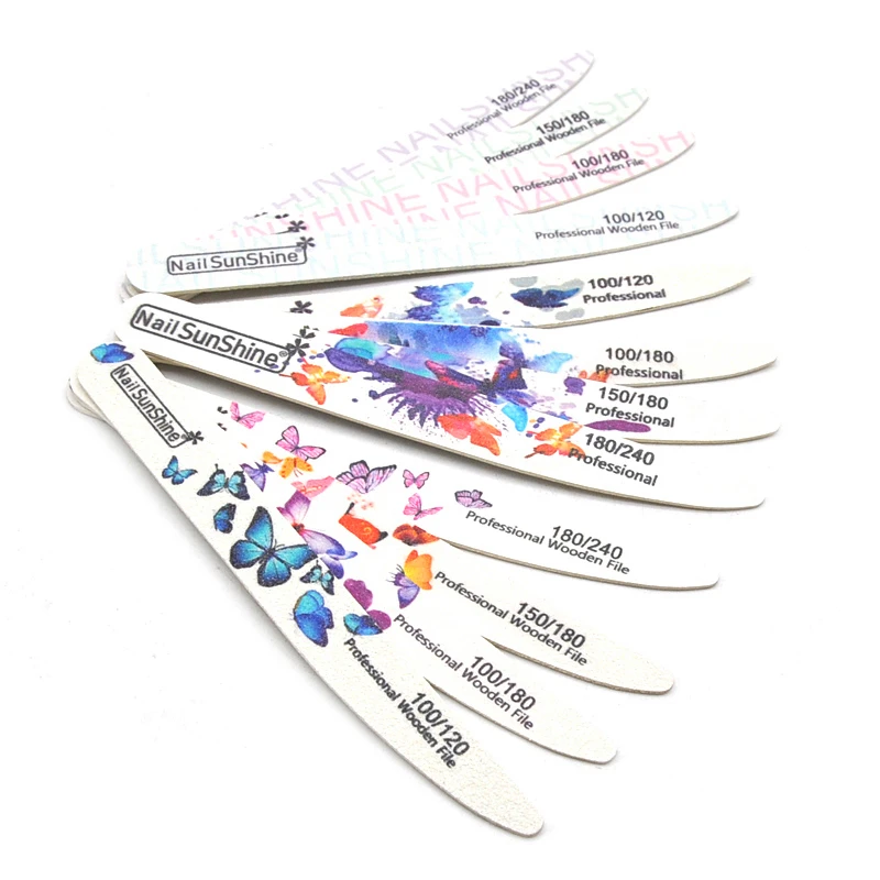10Pcs/Lot Wooden Nail Files 100/120/150/180/240 Butterfly Printed Strong Sandpaper White Wood Files Buffer UV Gel Polisher Tools