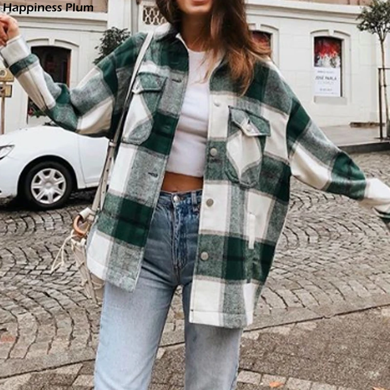 

Winter Green Plaid Jacket Coat Women Streetwear Long Leeve Thick Wool Coat Fashion Pocket Oversized Lapel Autumn Shirts Coats