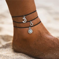 boho anklet foot black rope chain ankle summer bracelet moon star pendant charm sandals barefoot beach foot bridal jewelry a049