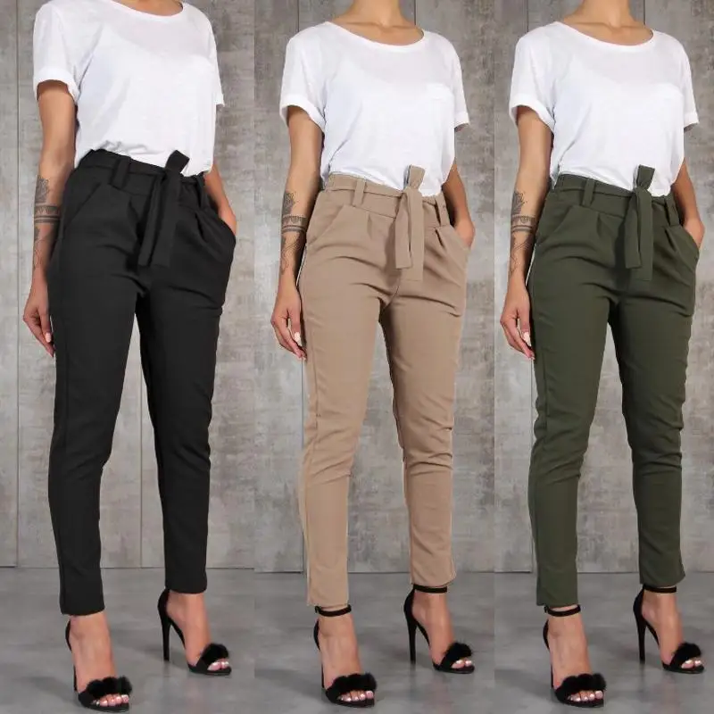 Женские осенние длинные штаны 2019 повседневные на шнурке с поясом узкие