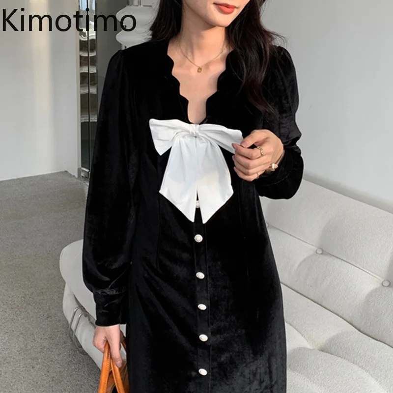 

Kimotimo Vintage Velvet Mermaid Dress Women Autumn Winter French Elegant V Neck Wavy Edge Bow Splicing Long Ladies Dresses Ins