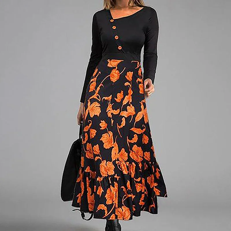 

Fashion Loose Dress Women Casual V Neck Long-sleeved Elegant Ladies Party Dresses 2021 Autumn Vintage Printed Female Maxi Dress