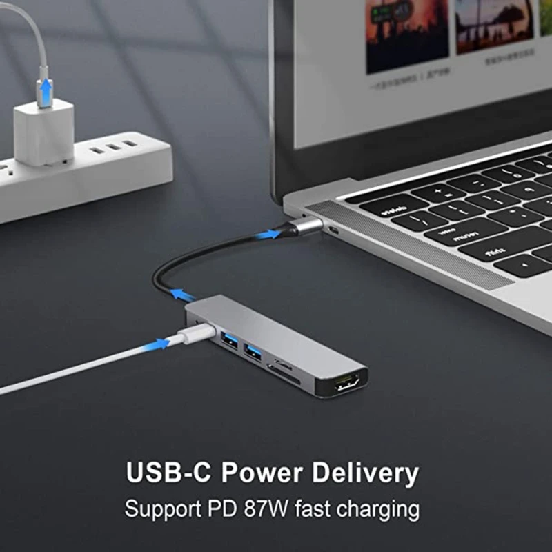 

USB C Hub 6 in 1 Aluminum USB C Adapter with 3 USB 3.0 Ports Reader Splitter PD 3.0 Hub for PC Laptops NS Switch MacBook
