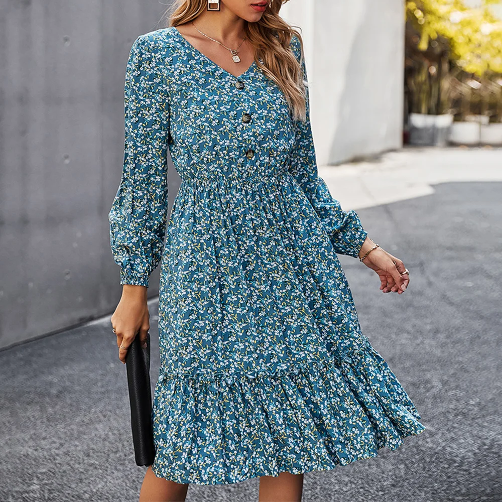 

Buttons Floral Dress 2020 Spring Fall Print V neck Dresses for Women Ruffle Beach Midi Dress Long Sleeve Clothing Female D30