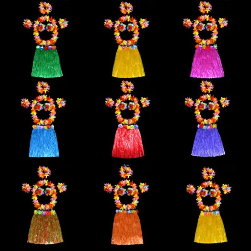 

2022 New Women Girls Thicken Colorful Hawaii Luau Hula Skirt Wristbands Bra Garland Wreath Headband Tropical Summer Party Favor