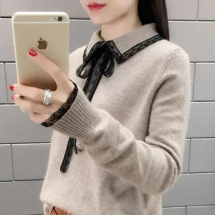 Винтажный осенний свободный свитер с отложным воротником для женщин 2021