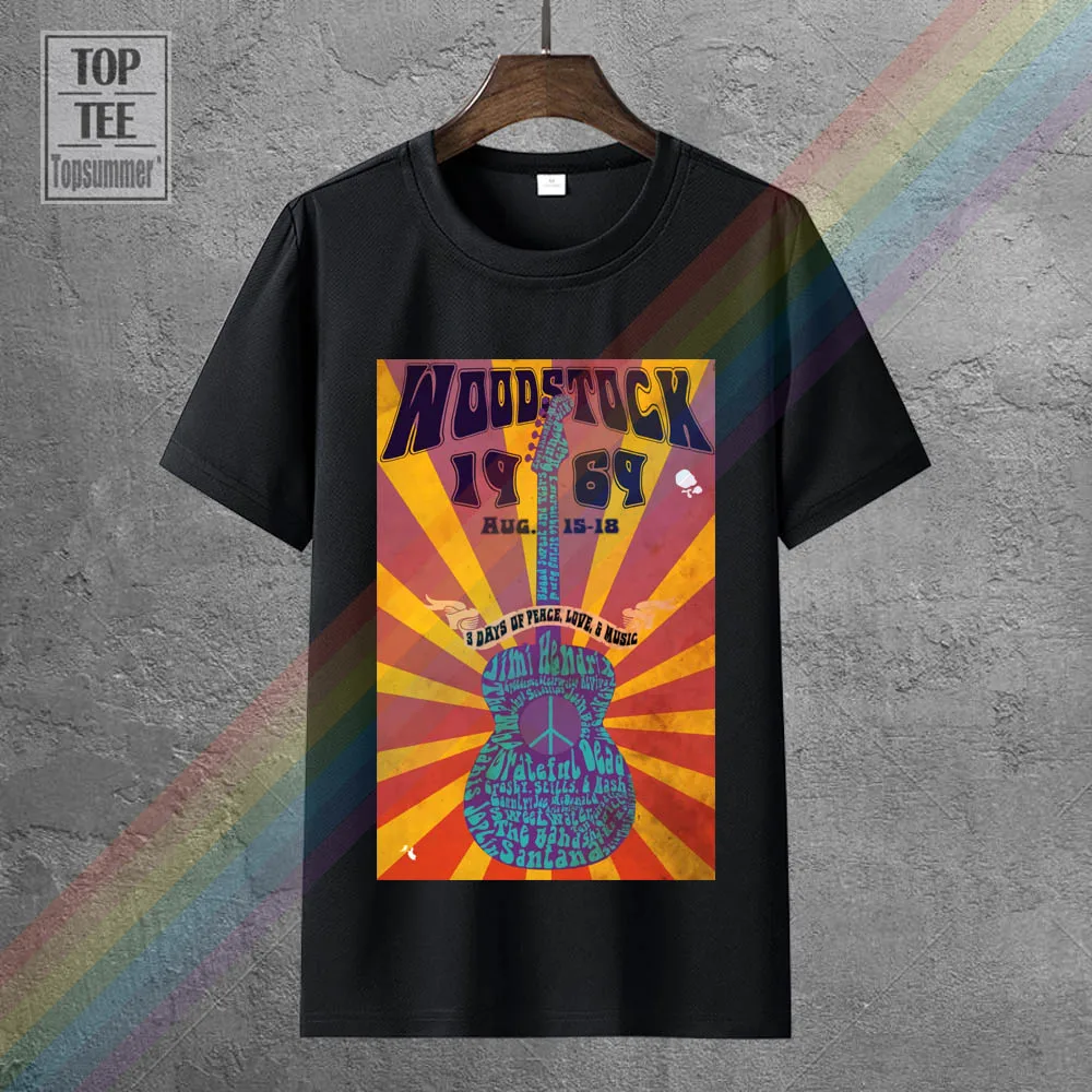 

New Fashion Man Woodstock Festival 1969 Hippie T Shirt Peace Music Black T Shirt T Shirt Men& Shirt