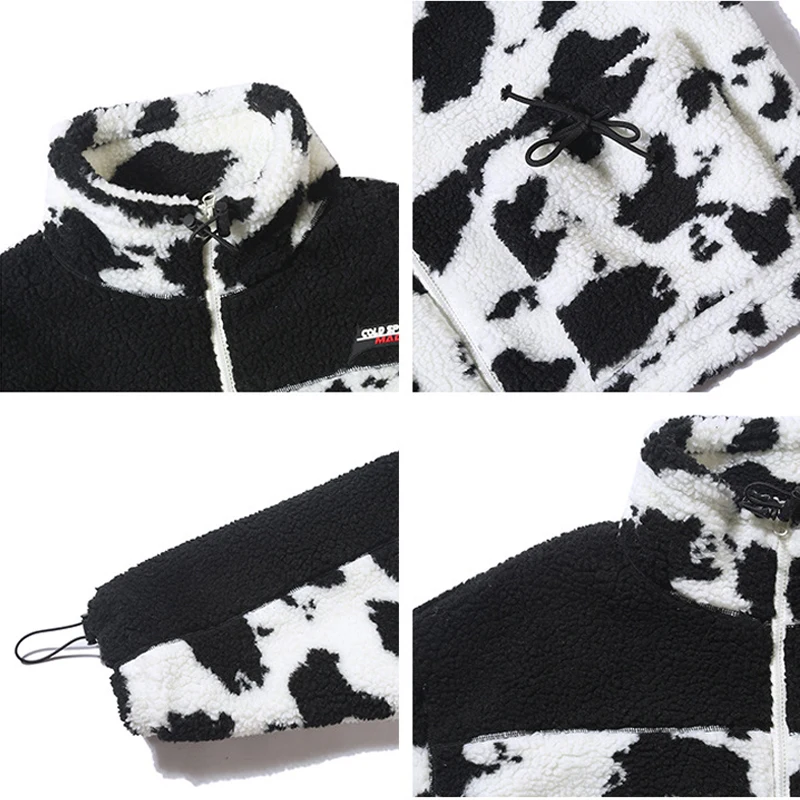

ELKMU Winter Lambswool Jacket Cow Pattern Spot Printing Parkas Streetwear Fashion Patchwork Jackets Coats Oversize Male HE435