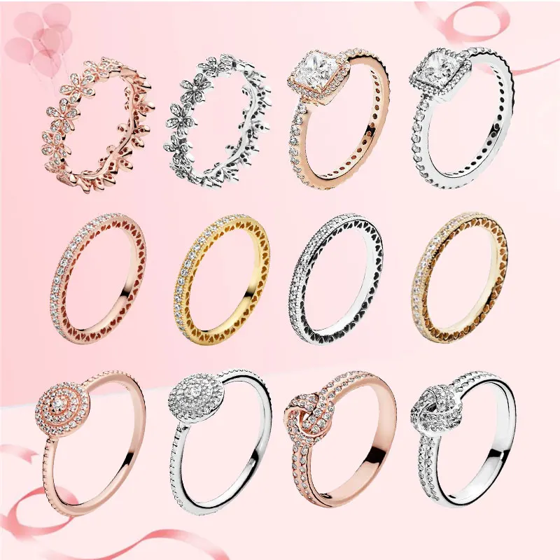 

Daisy Flower Love Knot Heart Rings Fine Jewelry for Women Rose Gold 925 Sterling Silver Zircon Stones Pave Setting 2021 Trend