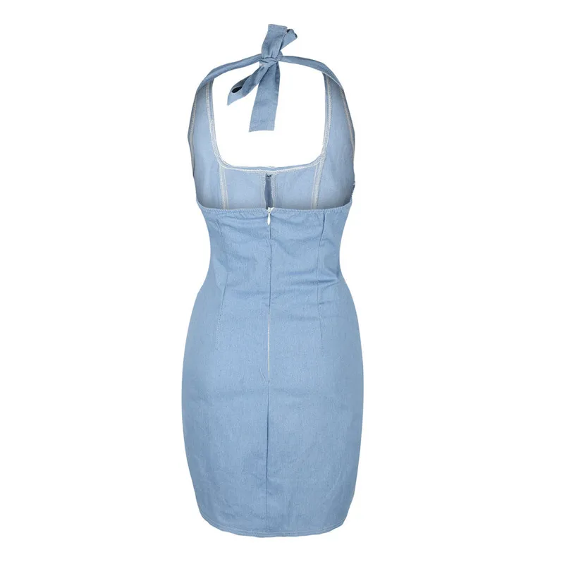

Fashion Sexy Denim Dress 2020 Summer Women Halter Sleeveless Backless Button Mini Dress Patchwork Office Lady Bodycon Blue Dress