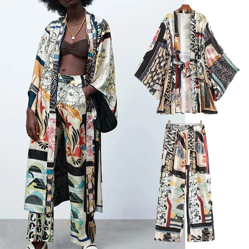 

2pcs Women Shirts +Trousers Suit 2021 Summer Full Printed X-Long Loose Blouse Set Female Pants Casual