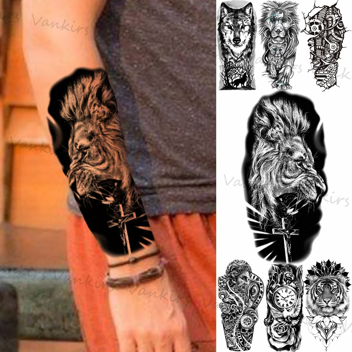 

Black Lion Cross Temporary Tattoos For Men Women Adults Realistic Compass Tiger Wolf Lion Fake Tattoo Sticker Tattoo Waterproof