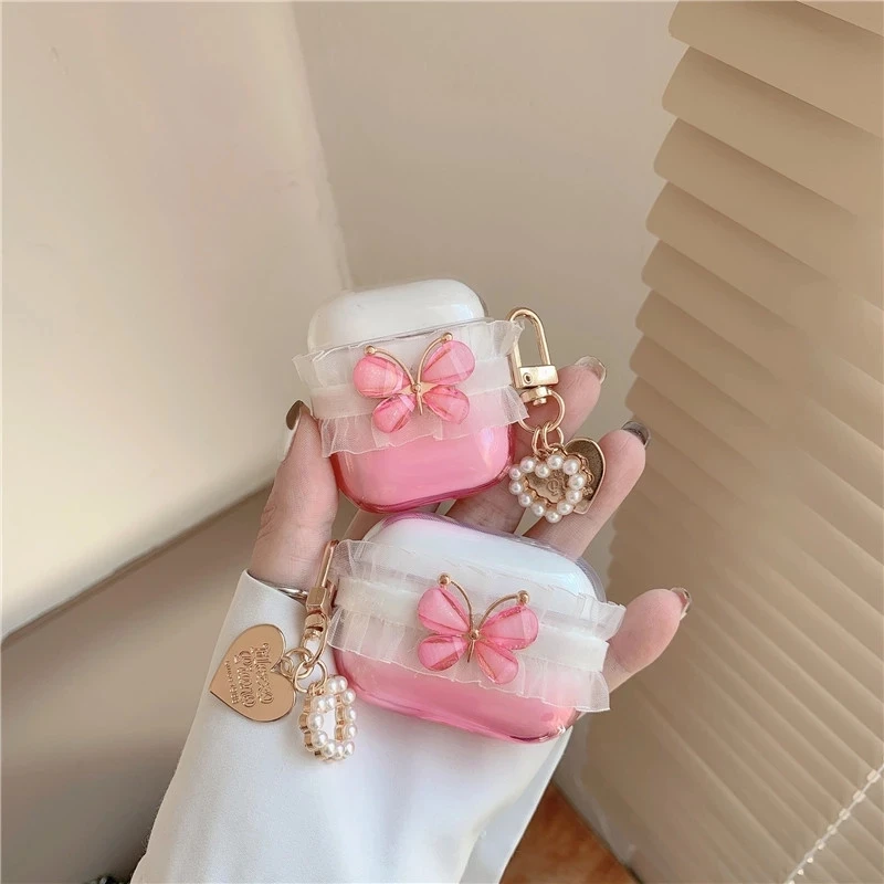 

Cute 3D Pink Butterfly Case for Airpods 2 1 Cover Cartoon Earphone Case Clear Capa for Airpod Pro Headphones Case with Ornament