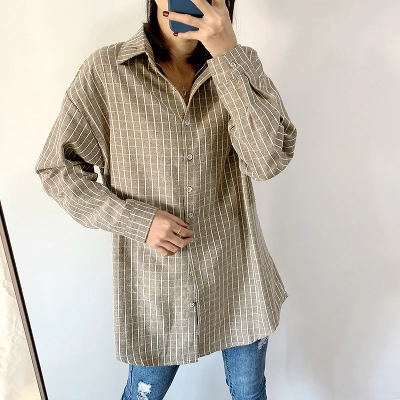 Женская винтажная рубашка в клетку Повседневная Свободная блузка с длинным