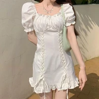qweek 2021 summer beach casual mini sexy white women dress elegant ruffle puff sleeve y2k casual party short dresses retro boho