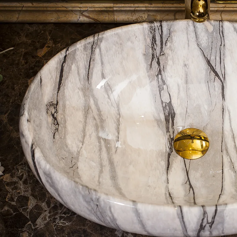 Керамическая раковина над прилавком овальная с Европейским мраморным узором