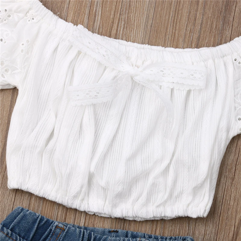 Новый комплект одежды для маленьких девочек кружевная футболка с открытыми