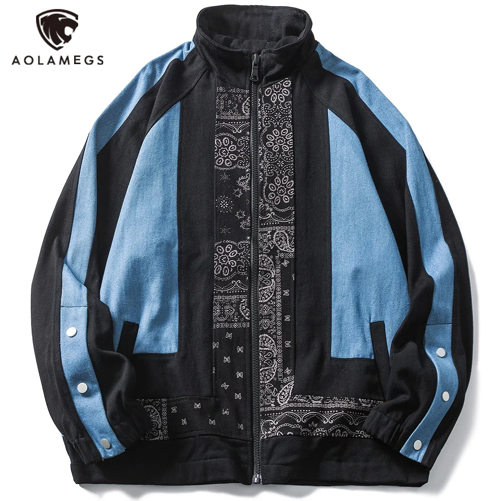 

Aolamegs Men's Jackets Cashew Flowers Hit Color Patchwork Windbreaker Unisex Parkas Casual Varsity Jacket High Street Streetwear
