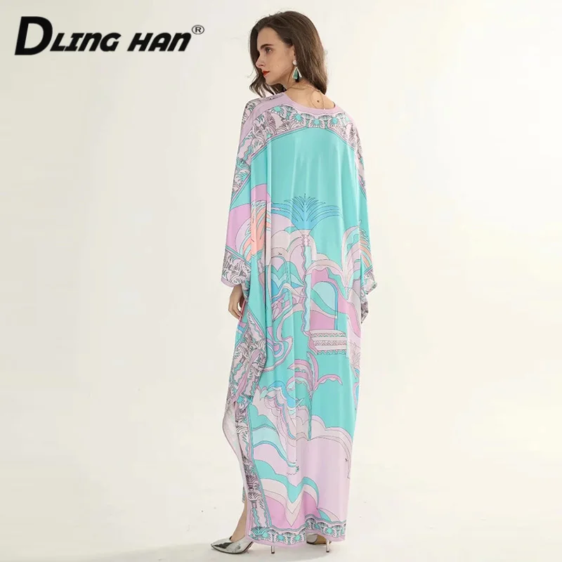 

DLINGHAN Fashion Print Plus Size Loose Maxi Dress Women'sV-Neck Batwing Sleeve Slim Floor-Length Dresses Designer Autumn New