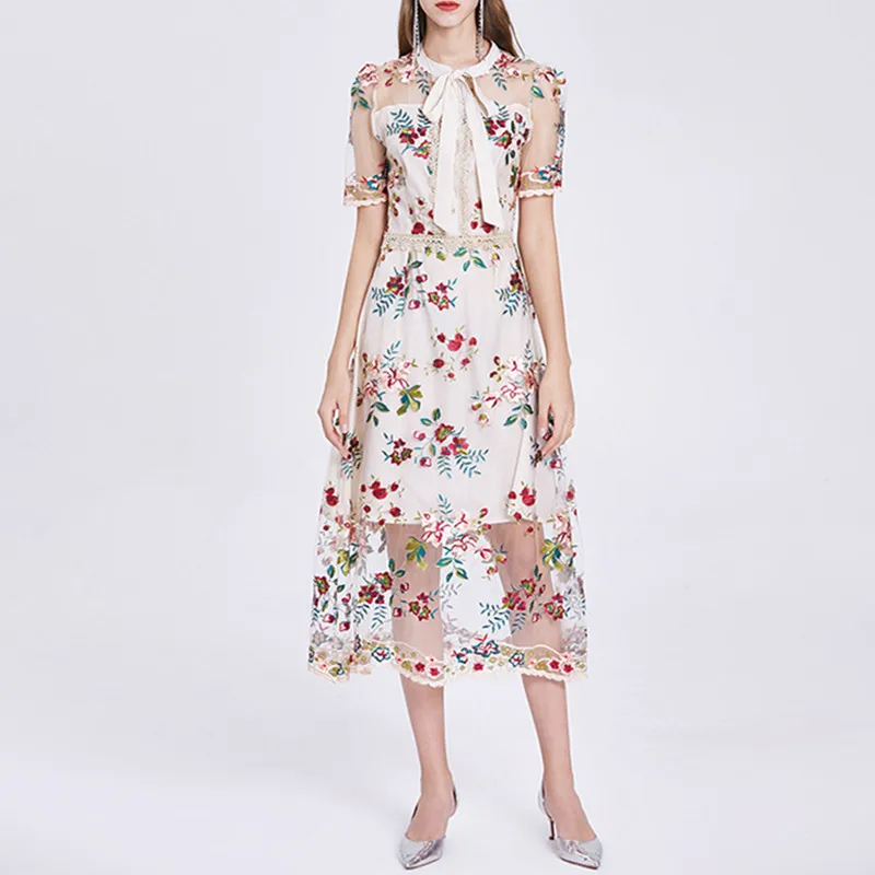 

Сетчатое платье с цветочной вышивкой, новинка весны и лета 2021, роскошное длинное кружевное лоскутное платье на шнуровке высокого качества